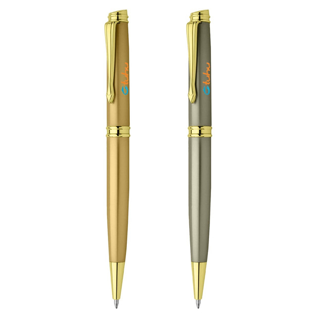 Two metal pens, one gold and the other olive green, featuring a branding logo on the side.
