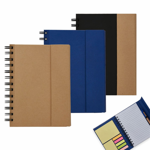 A set of three notebooks in brown, black, and blue, featuring spiral bindings and side pockets for sticky notes.