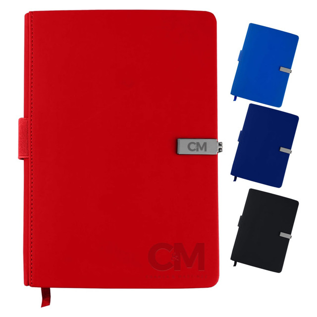 A red notebook with a clasp closure and a logo on the front, displayed alongside blue and black versions.