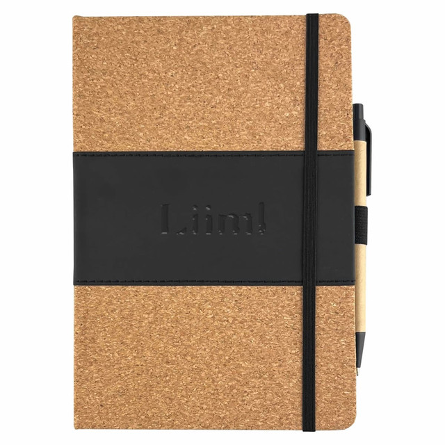 A cork notebook with a black elastic band and a pen attached, featuring a logo on the front.