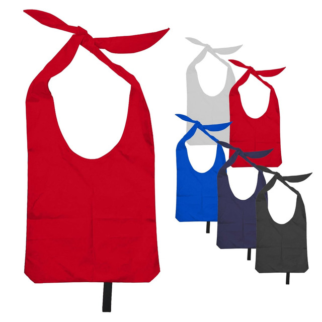 Nylon sling bags in red, blue, grey, black, and navy, featuring open handles and a tied strap. Each bag has a logo.