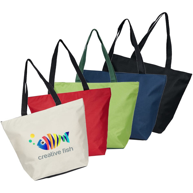 A set of five tote bags in cream, red, green, navy, and black, featuring a logo on one bag.