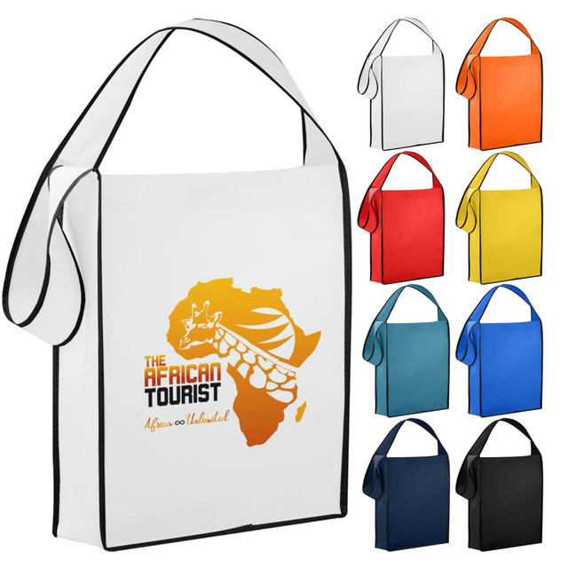 A collection of non-woven sling bags in various colours, featuring a logo on a white bag.