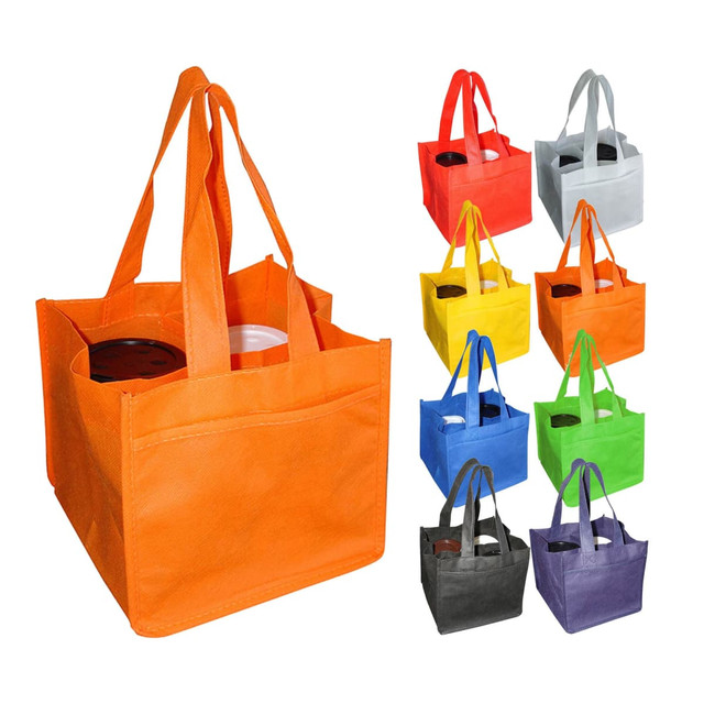 A non-woven bag in orange, designed to hold four coffee cups, with various colours displayed nearby. Features sturdy handles.