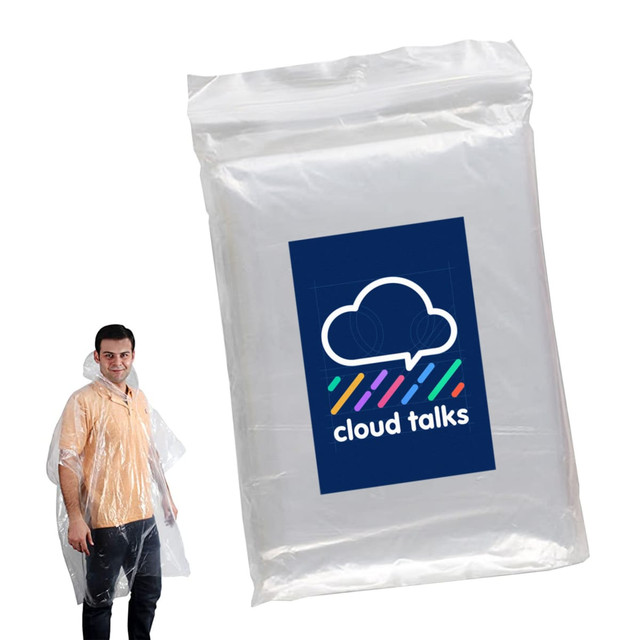 A clear plastic poncho displayed with a packaging bag featuring a logo. A person is wearing the poncho.
