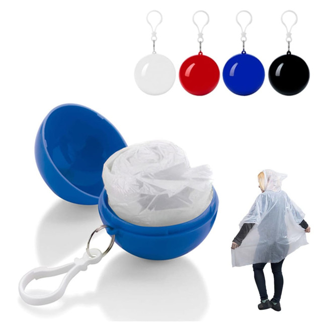 A blue, circular container holding a folded transparent poncho. Four additional poncho colours are shown: white, red, and black. A blue, circular container holding a folded transparent poncho. Four additional poncho colours are shown: white, red, and black.