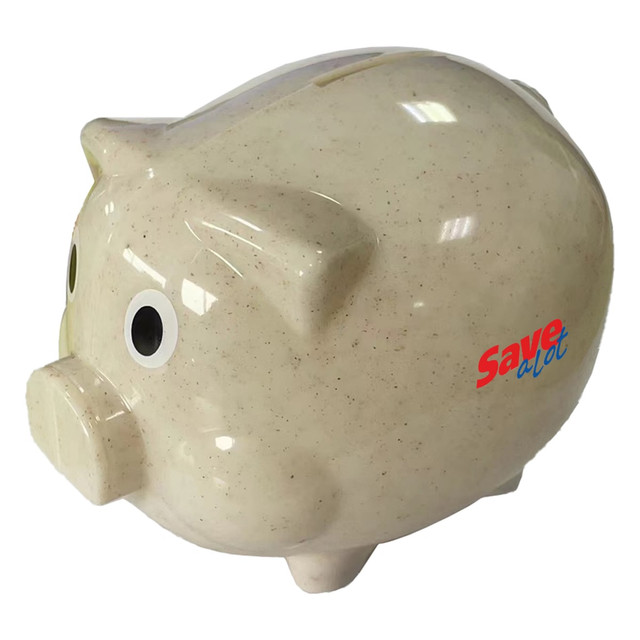 A cream-coloured piggy bank made from wheat straw, featuring large eyes and a logo.