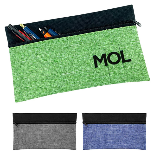 A green pencil case with a black zipper, containing pens and pencils, accompanied by grey and blue versions below.
