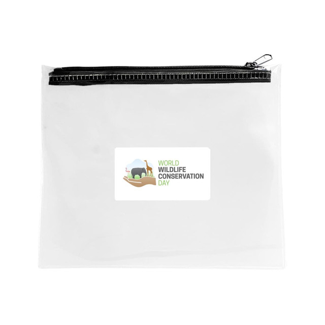 A clear pouch with a zip closure, featuring a logo and graphic related to wildlife conservation.