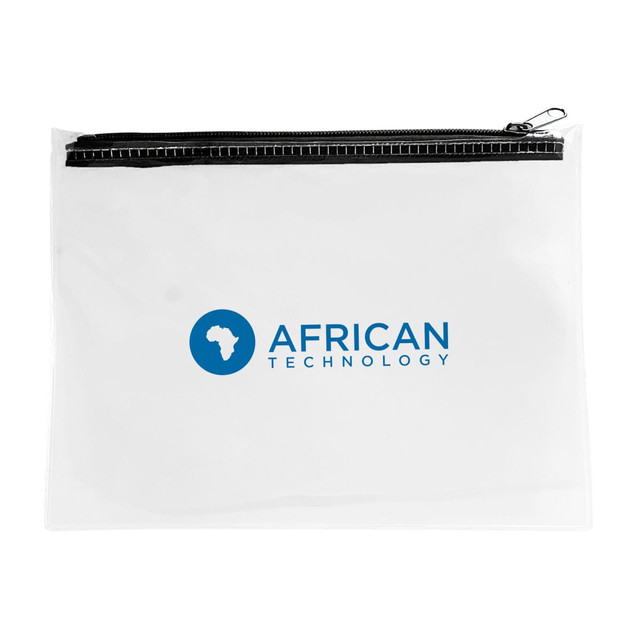 A clear pencil case with a black zipper, featuring a logo on the front. Ideal for office and school supplies.