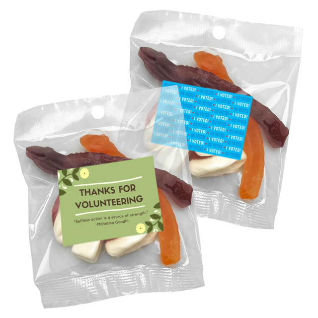 A clear bag containing mixed jelly lollies in vibrant colours, including red, orange, and white. The bag features a logo.