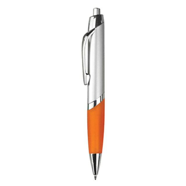 A plastic pen with a silver body and an orange grip, featuring a clip and a ballpoint tip.