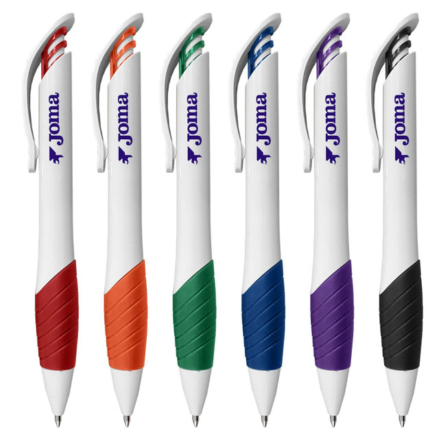 A set of plastic pens in various colours: orange, green, black, purple, and blue, featuring a logo.