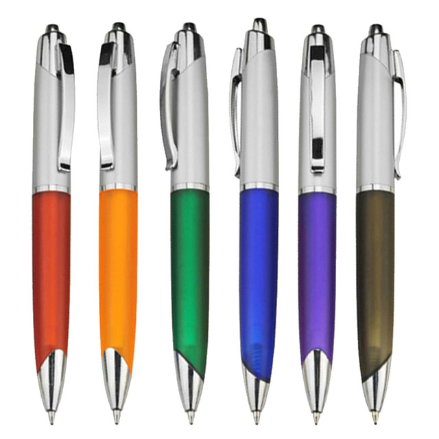 A collection of six plastic pens in red, orange, green, blue, purple, and brown, featuring silver accents and clips.