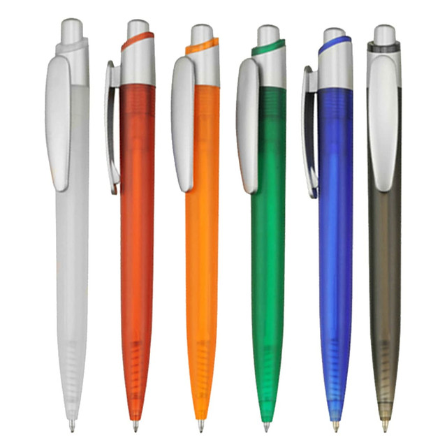A collection of plastic pens in clear, orange, green, blue, and brown with silver accents and clips.