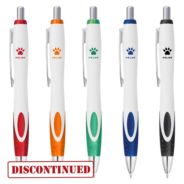 A selection of five plastic pens in white, featuring various coloured accents: orange, green, blue, and black, with a logo.