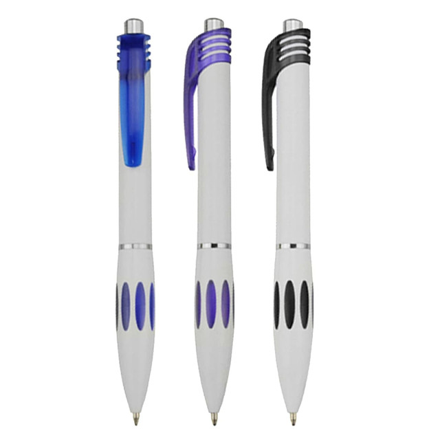 Three plastic pens in white with blue, purple, and black accents, featuring a logo on each pen.