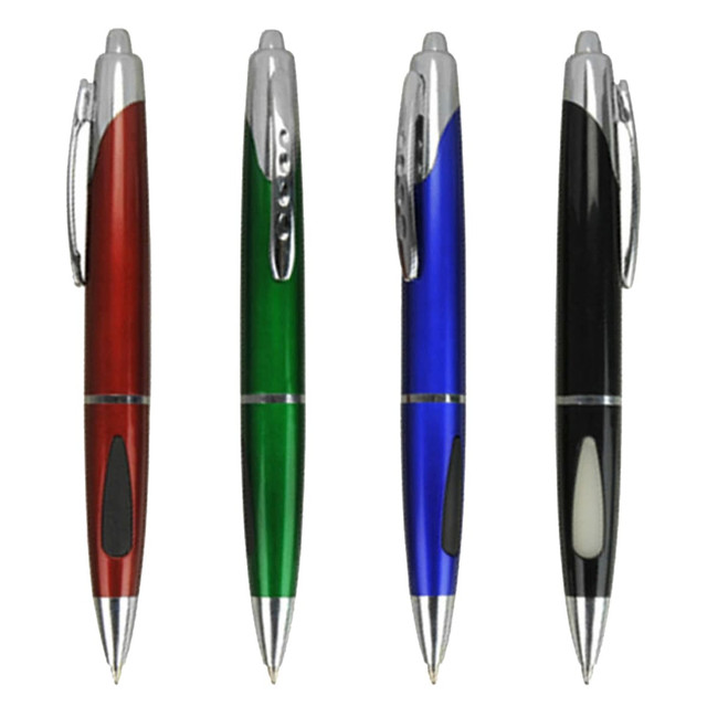 A selection of four plastic pens in red, green, blue, and black, featuring chrome accents and clips.