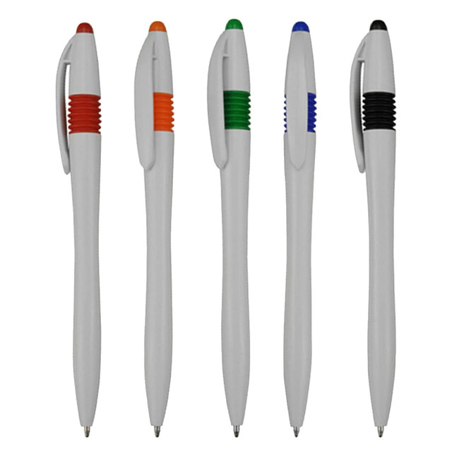 A collection of plastic pens in grey, featuring orange, green, blue, and black accents, with a logo present.