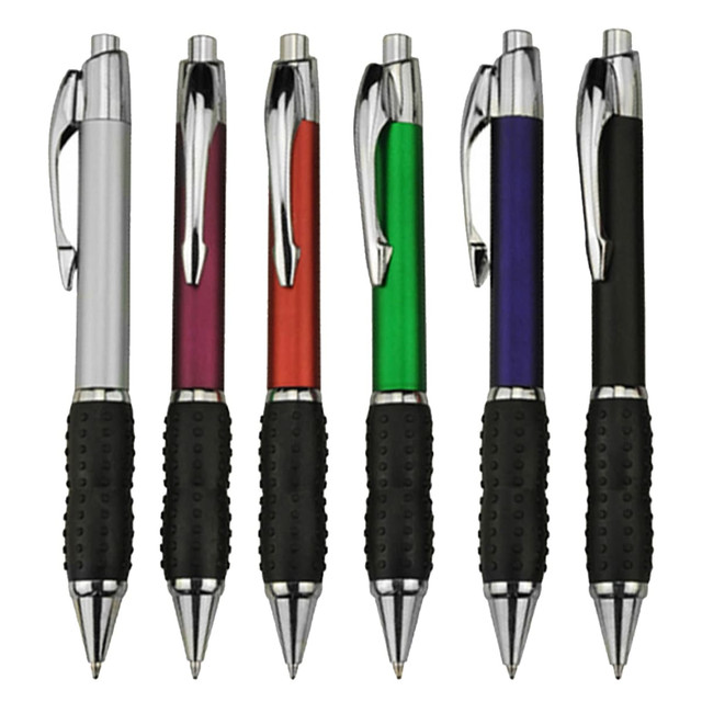 A set of six plastic pens in silver, purple, red, green, and black with rubber grips and chrome accents. Each pen has a logo.
