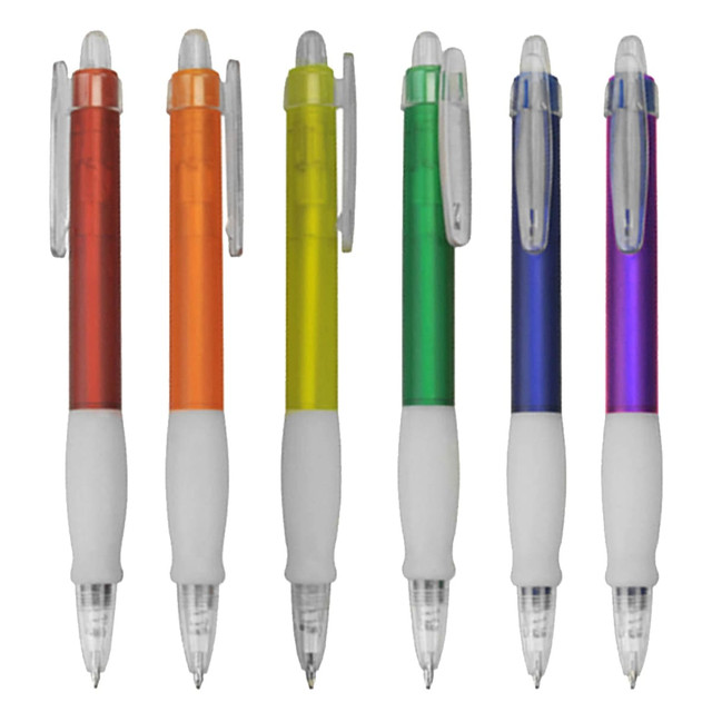 A collection of plastic pens in orange, yellow, green, and purple with white grips and transparent tops, featuring a logo.