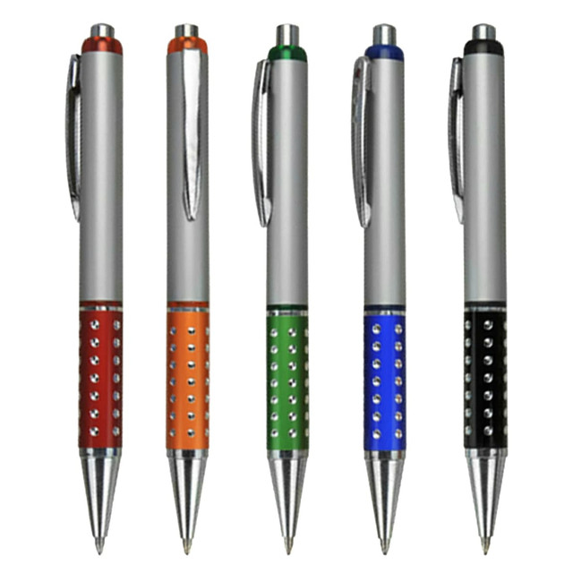 Five plastic pens in various colours: red, orange, green, blue, and black, with silver accents and a logo.
