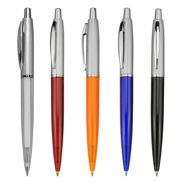A set of five plastic pens in silver, red, orange, blue, and black, featuring a logo on each.