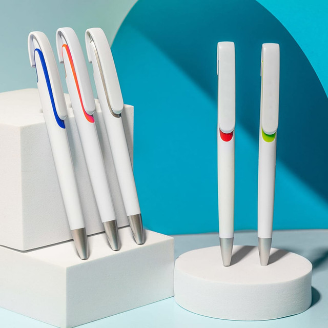 A set of five plastic pens in white with coloured accents in blue, orange, green, and red, displayed on white pedestals.