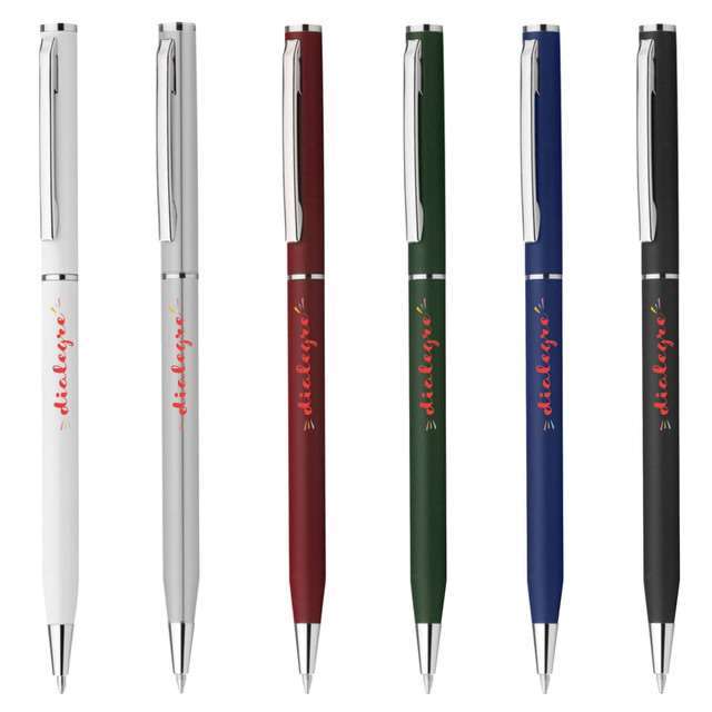 A set of six plastic pens in white, silver, burgundy, green, blue, and black, featuring a logo on each pen.