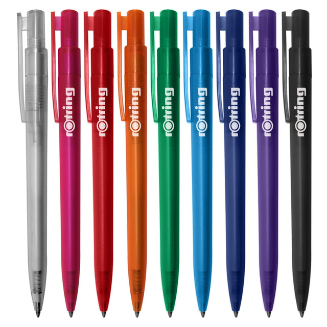 A collection of plastic pens in silver, red, orange, blue, green, purple, and black, featuring a logo on each pen.