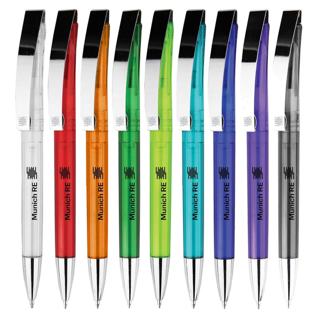 A collection of plastic pens in various colours: white, red, orange, green, blue, and purple, each with a shiny clip.
