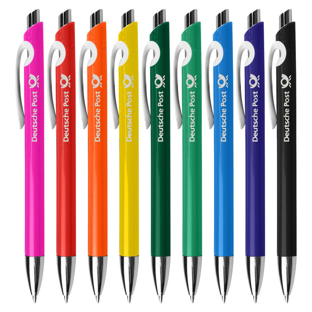 A collection of plastic pens in pink, orange, yellow, green, blue, and purple, featuring a white grip and a logo.