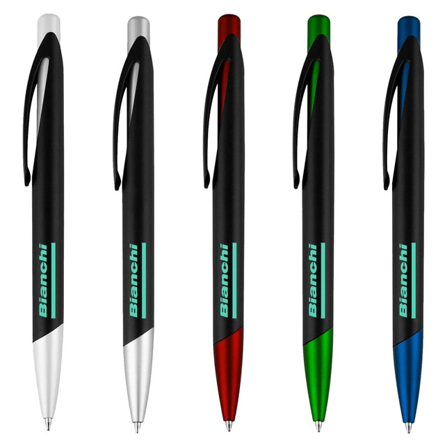 A set of five plastic pens in white, red, green, and blue, featuring black grips and a logo.