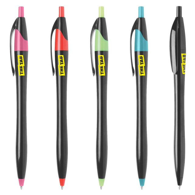 A collection of five black plastic pens with assorted coloured tops: pink, red, green, blue, and black. Each pen has a logo.
