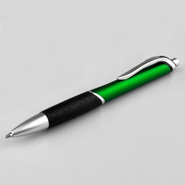 A plastic pen with a sleek green barrel, silver accents, and a textured black grip. It features a branding logo.
