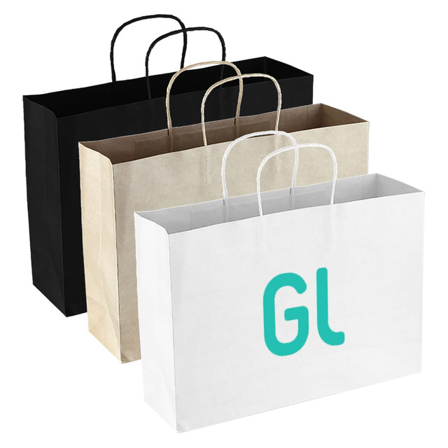 Three paper bags in black, brown, and white with handles; the white bag features a logo.