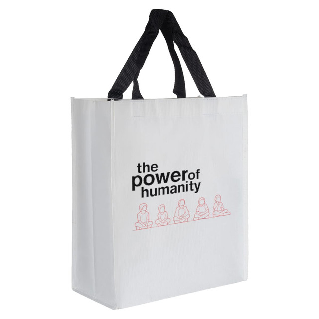 A white paper bag with black handles and a logo featuring four seated figures in a pink graphic.