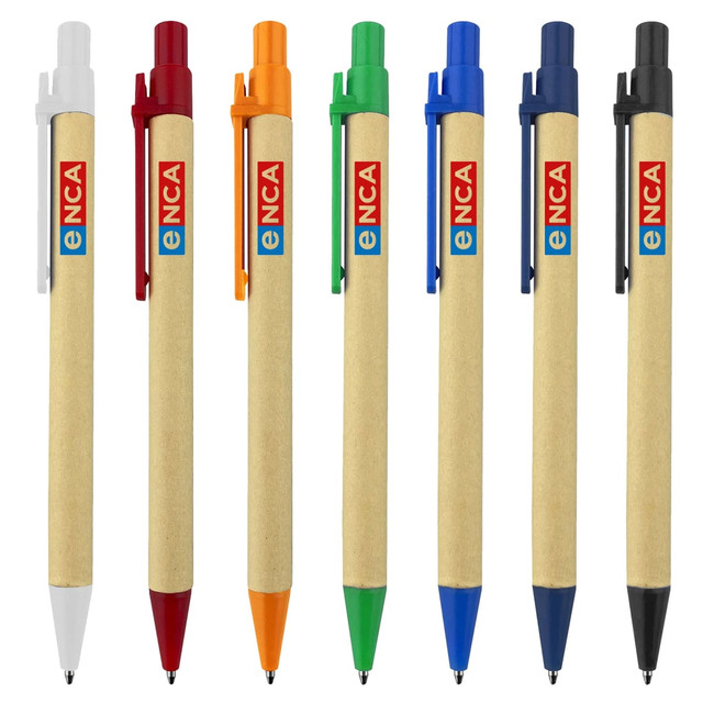 A collection of recycled cardboard pens in white, red, orange, green, blue, and black, featuring a logo.