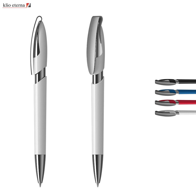 A white plastic pen featuring a chrome clip, alongside additional pens in blue, red, and black. The image includes branding.