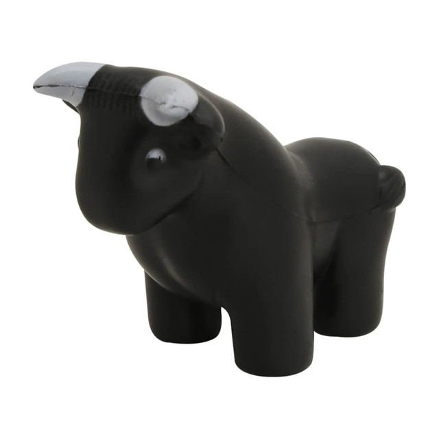 A black stress relief bull figurine with a smooth finish, featuring white accents on the horns.