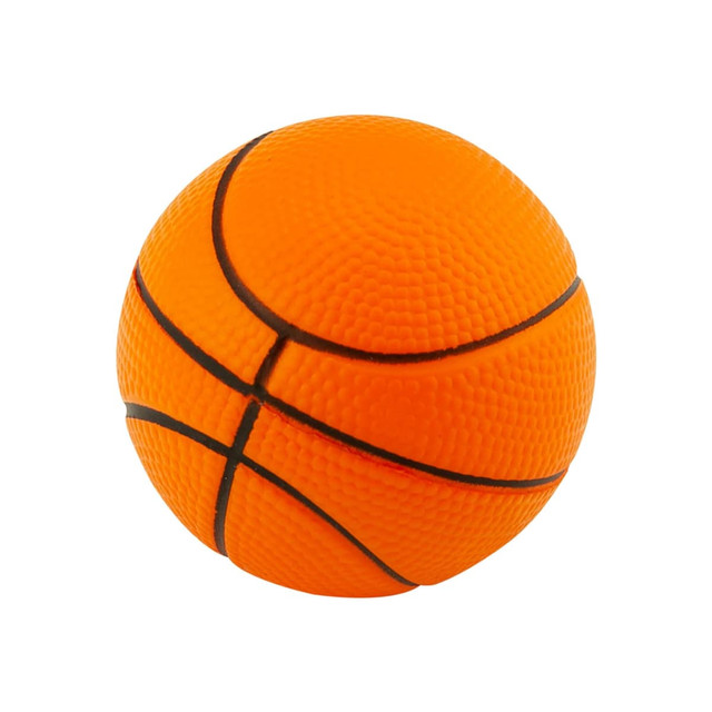 An orange stress ball shaped like a basketball, featuring textured grooves and black detailing.
