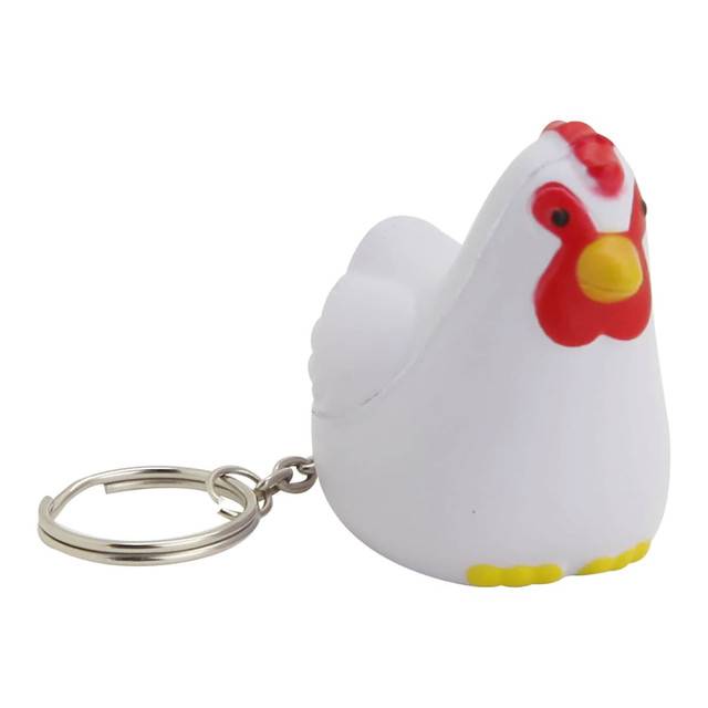A white stress rooster key ring with a red comb and yellow feet, featuring a metal keychain attachment.