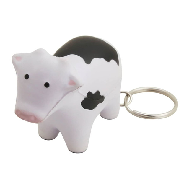 A fun black and white stress cow key ring with a metal keychain attached.