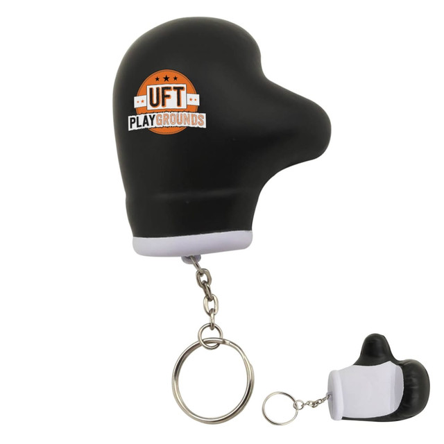 A black stress glove key ring with a white base and a keychain attachment, featuring a logo.