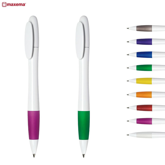 Two plastic pens in white with green and purple grips, alongside a selection of pens in various vibrant colours.