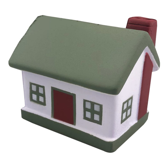 A stress toy shaped like a house, featuring a green roof, white walls, and red door and chimney. It has a logo.