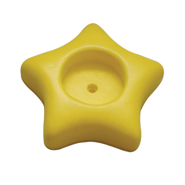 A yellow star-shaped paper clip holder with a central indentation, designed for fun and stress relief.