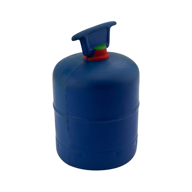 A blue stress gas bottle with a handle and a red and green top. It features a logo on the side.