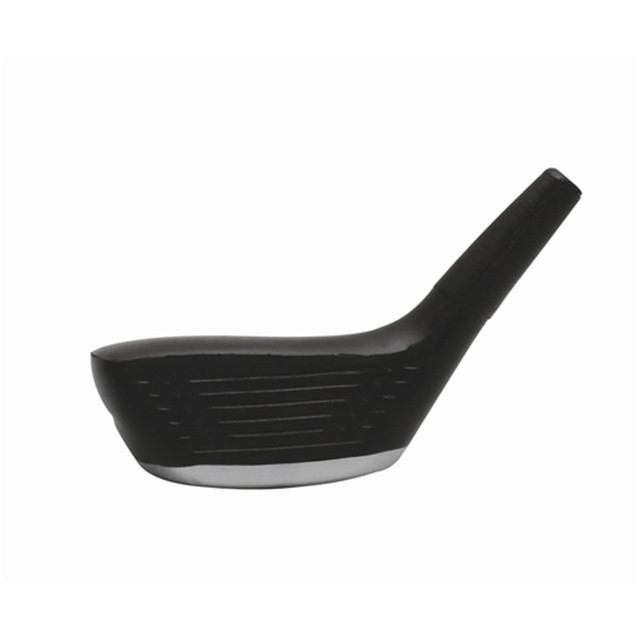 A black stress golf club head with a silver base and textured surface. It has a sleek, ergonomic design.