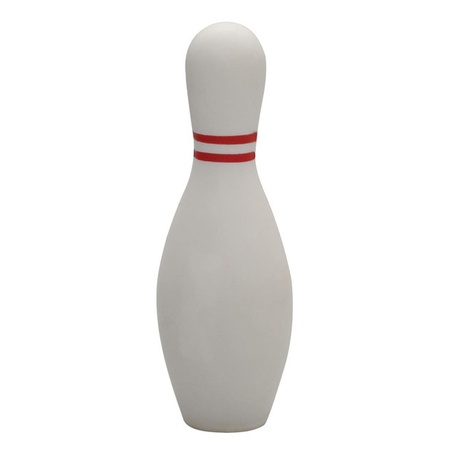 A white stress bowling pin with two red stripes. It has a smooth surface and a rounded top.